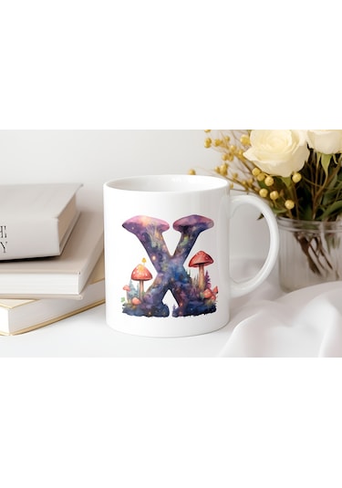 X Baş Harfi Fantastik Mantarlı Kupa Bardak - Kişiye Özel Masalsı Bardak - Hediye Beyaz