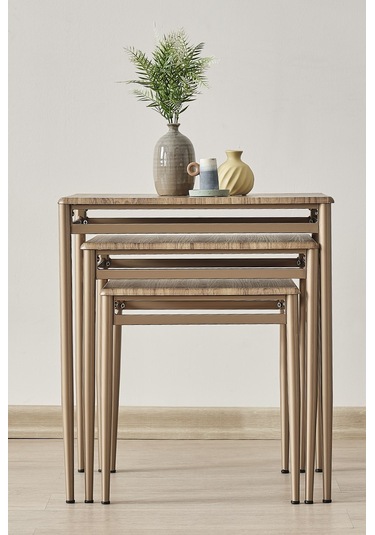 Damrin Serisi Traverten Desen 1. Sınıf Mebran Mdf 3 Lü Zigon Sehpa Takımı Ceviz Desen - Bronz Ayak