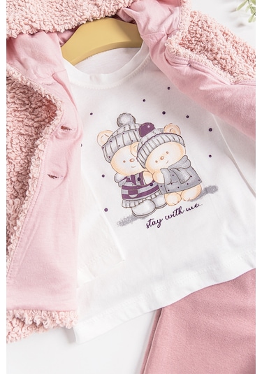 Kapüşonlu Hırkalı 3'lü Kız Bebek Takım 001