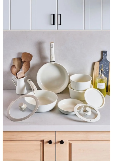 Beta 15 Parça Seramik Döküm Tencere Tava Seti Beige 17649 Bej