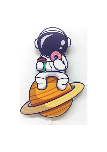 CajuArt Astronot Donut Ahşap Led Işıklı Çocuk Odası Duvar Tablosu