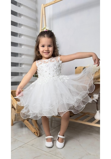 İncili Kız Çocuk Daisy Elbise Mnk0585 Beyaz