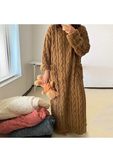 Sonbahar Kış Gecelik Kalın Mercan Polar Gevşek Cepler Sıcak Düz Renk Yuvarlak Boyun Bükülmüş Doku Uzun Kollu Tam Boy Termal Ev Tekstili Beyaz