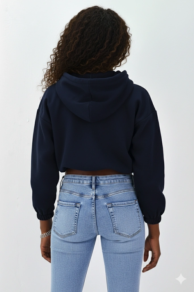 Kadın Neon Christian Drop Yazılı Kapüşonlu Crop Kesim Lacivert Sweatshirt Nakış İşlemeli Lacivert