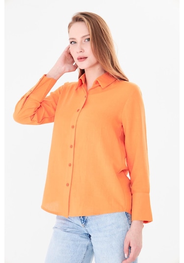 Sortie Collection Uzun Manşetli Keten Gömlek Oranj