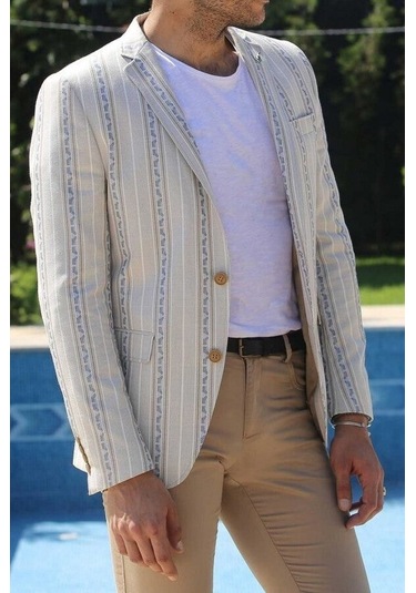 Wessi Çizgili Bej Slim Fit Ceket Siyah