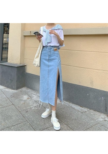 Yaz Kadın Kot Etek Klasik Açık Mavi Yüksek Bel Günlük Kot Bayan Kot Etek Açık Mavi