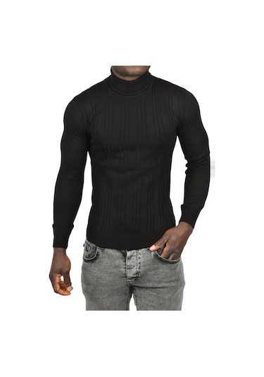 Deepsea Erkek Siyah Çizgi Desenli Slim Kesim Tam Balıkçı Yaka Triko Boğazlı Kazak 2505509 Siyah