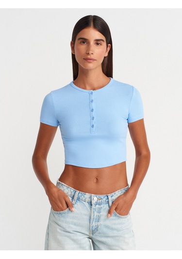 Dilvin 31647 Düğme Detaylı Crop Top-mavi Mavi