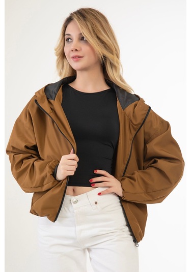 Riverstorm Kadın Taba Su Ve Rüzgar Geçirmez Kapüşonlu Cepli Oversize Yağmurluk - Rüzgarlık Taba