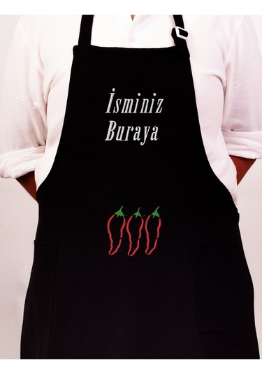 Mutfak Önlüğü Kişiye Ve İsme Özel Nakışlı Mutfak Önlüğü Biber01 Farklı Renkler Siyah