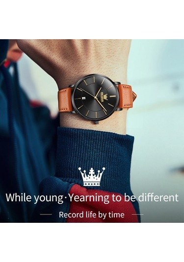 Olevs 5869 Erkekler İş Su Geçirmez Hakiki Deri Kayış Kuvars Saat Siyah + Kahverengi