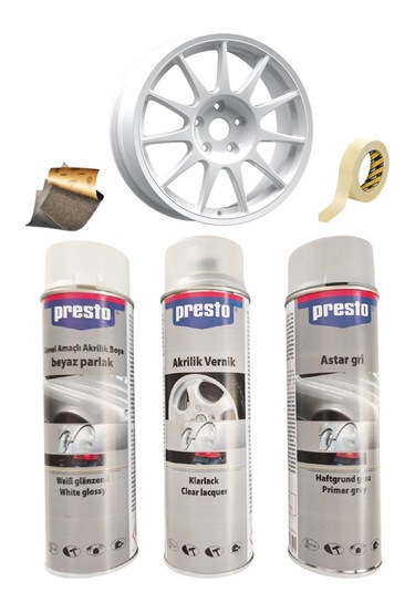 Presto Parlak Beyaz Sprey Jant Boyama Seti+vernik+astar 500 Ml.