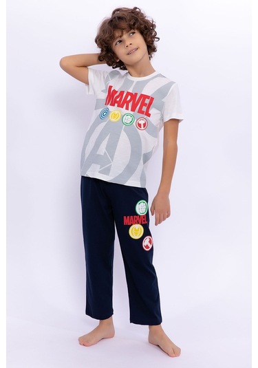 Avengers Lisanslı Marvel Krem Erkek Çocuk Bisiklet Yaka Pijama Takımı Krem
