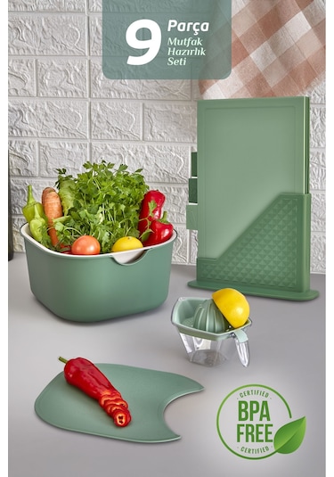 9'lu Mutfak Hazırlık Seti - Dik Standlı Kulplu Kesme Tahtası Karıştırma Kabı Süzgeç Limon Sıkacağı Yeşil