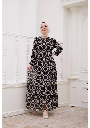 Neşeli Butik Kadın Kemerli Yeni Sezon Tesettür Elbise Sms016 Siyah