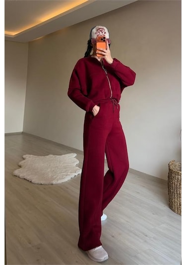 Neşeli Butik Kadın Oversize 3 İplik Cepli Eşofman Takımı Nm029 Bordo