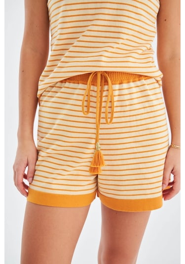 Peraluna Paru Top & Shorts Pamuklu Yazlık Kadın Triko Şort Takım Bej-Turuncu Bej - Turuncu