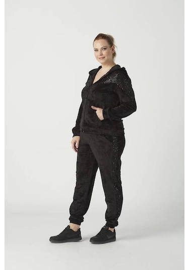 1927 Siyah Tam Kalıp Tarz Kapüşonlu Kadife Büyük Beden Eşofman Takımı Siyah