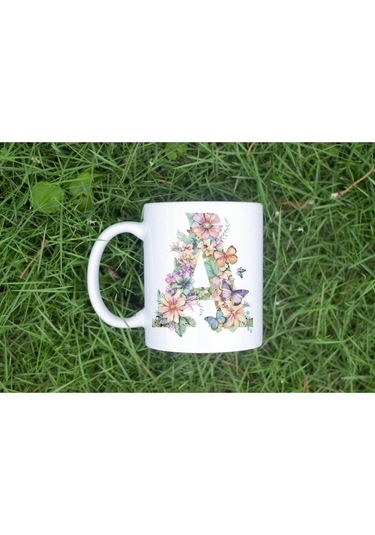 A Harfi Çiçekli Kupa Bardak - Soft Renk Çiçek Ve Kelebek Desenli Zarif Kahve Kupası - Bohem Beyaz