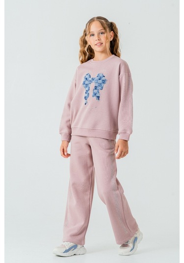 Kız Çocuk Fiyonk Nakışlı Taşlı 3 İplik Kalın Kışlık Eşofman Takımı Ak4222 Pudra