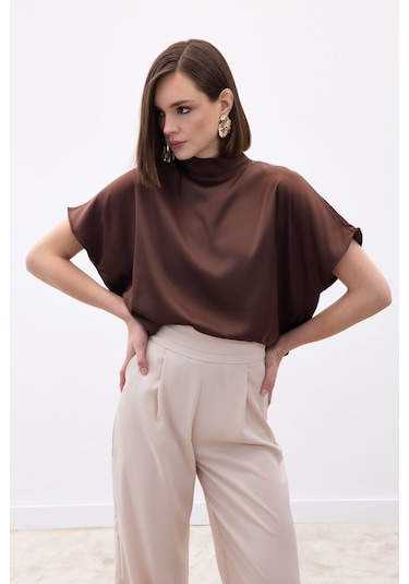 Sateen Yarasa Kol Salaş Bluz - Kahve-136538 kahve
