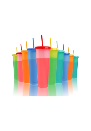 Skycity 10 Adet Renk Değiştiren 24 Oz Sürahile Ve Kapaklı Plastik Bardaklar - Soğuk İçecekler İçin Sızıntısız, Yaz Partileri Ve Toplantılar İçin Çok Renkli Büyük Boy Kupa Seti Diğer