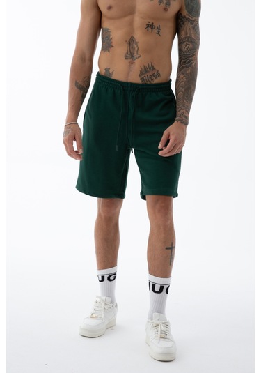Erkek Koyu Yeşil Yüksek Kalite Relax-fit Rahat Kesim %100 Pamuk Bağcıklı Siyah Düz Basic Şort Zümrüt Yeşili