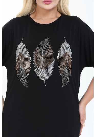 Yaprak Tasarım Taş Detaylı Bambu Yarasa Kol Bluz M-6xl Siyah
