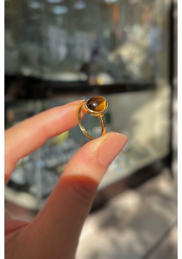 Gümüş 10x8 Mm Kaplan Gözü Taşlı Altın Kaplama Yüzük Diğer