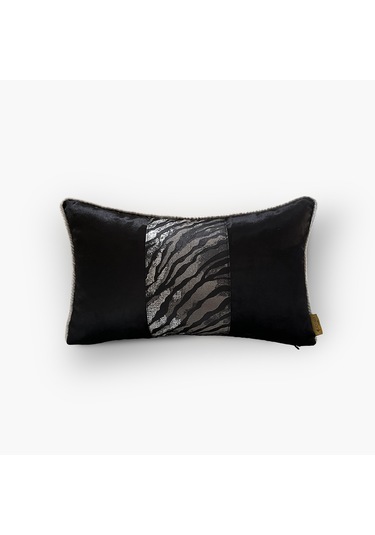 "night" Desen Şerit Detaylı Kırlent - 30x50 Gümüş - Siyah