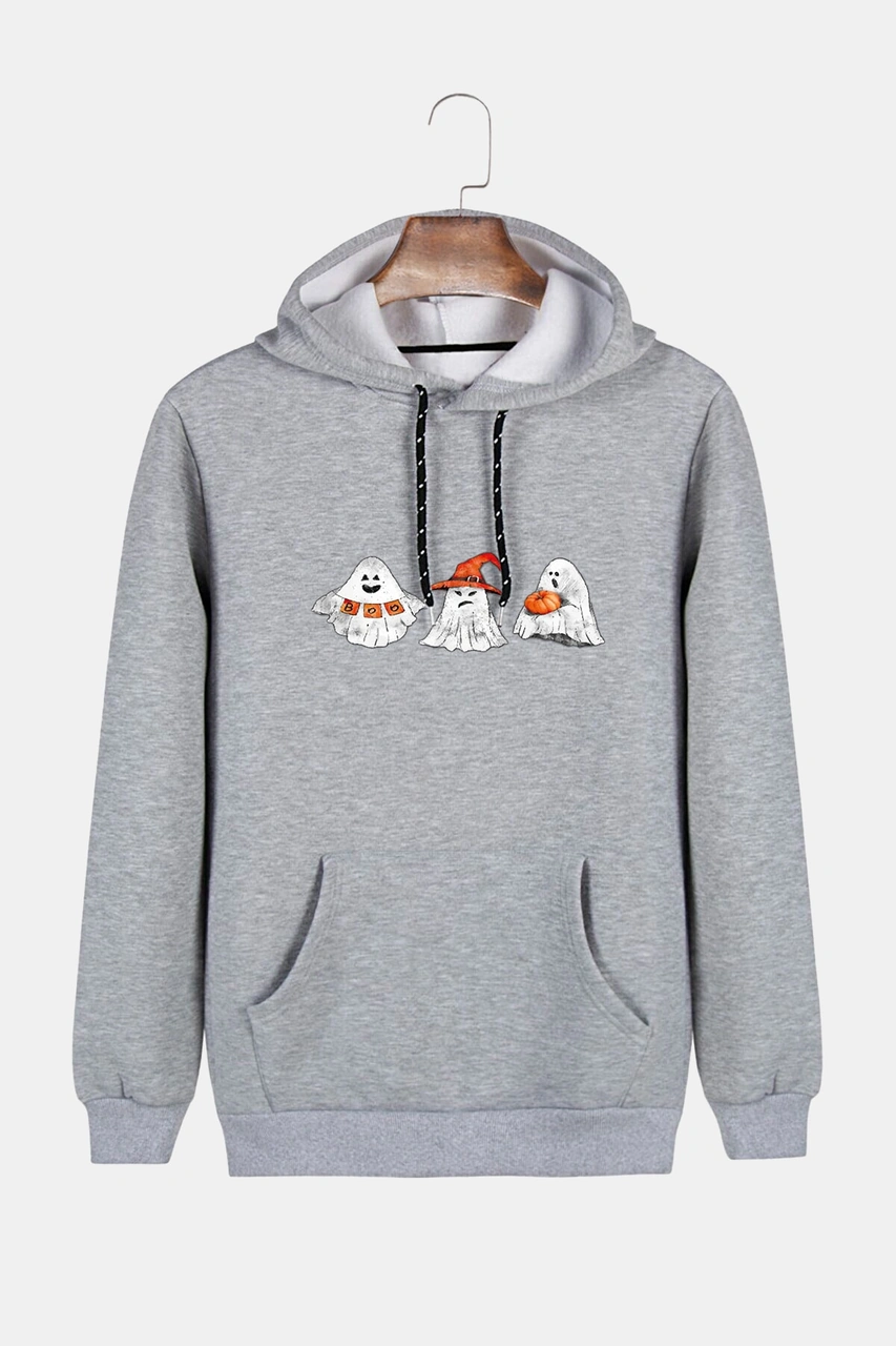 Gri Kapüşonlu Cadılar Bayramı Boo Baskılı Kanguru Cepli Sweatshirt Gri