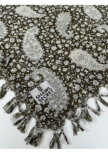 Shawl Secret Sökme Boncuklu Pamuk Yazma - 05868 Haki Yeşil