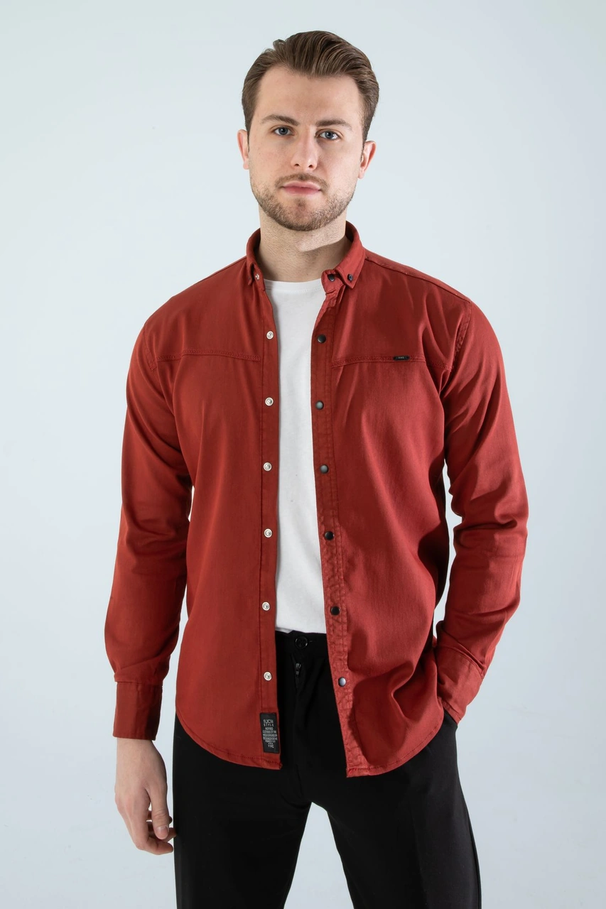 Slim Fit Erkek Cepsiz Kot Gömlek Kiremit