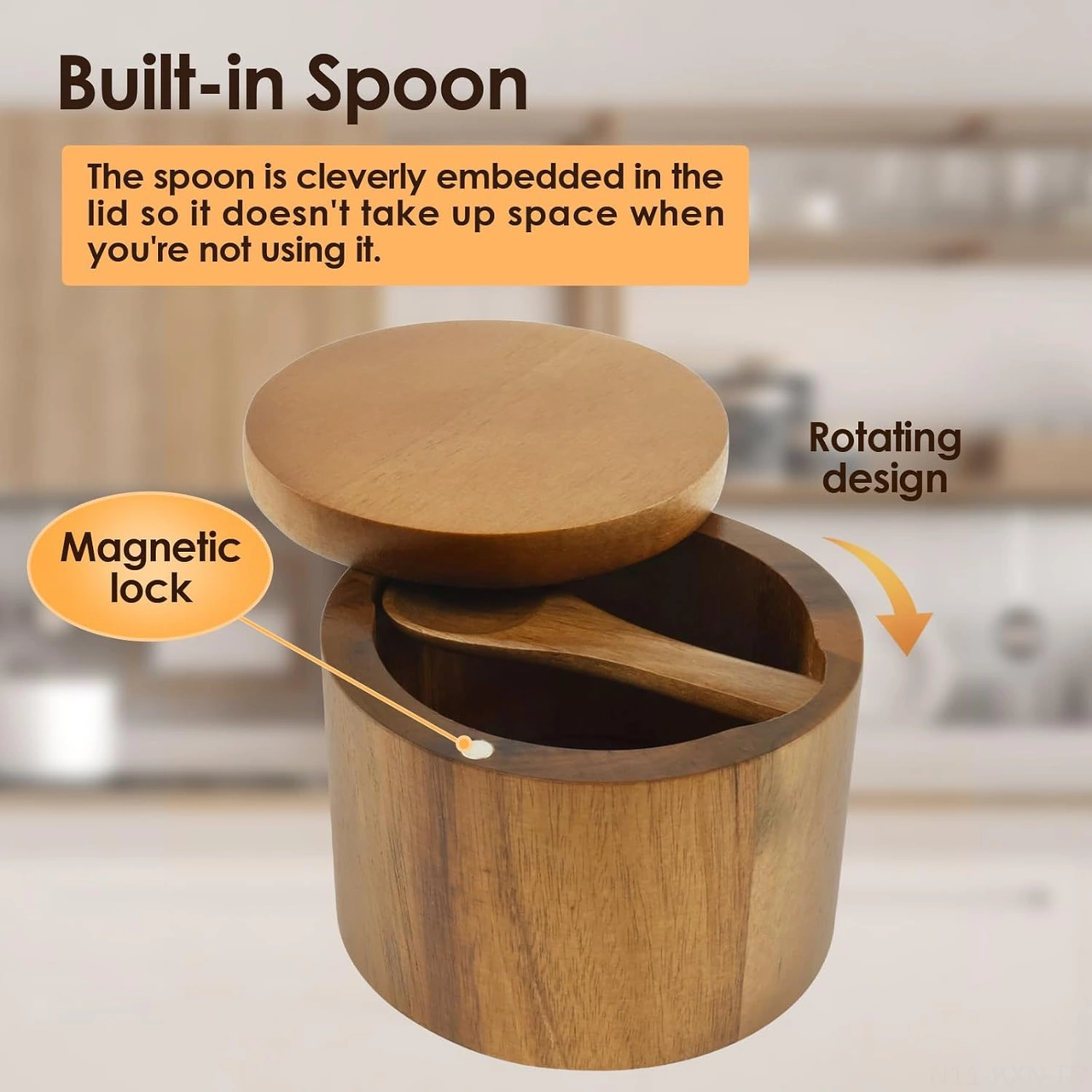 Kosona Akasya Ahşap Baharat Depolama Kavanozu, Manyetik Döner Kapak Ve Kaşık İle Tuz-biber Saklama Kutusu Ahşap Rengi