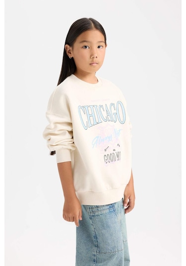 DeFacto Kız Çocuk Relax Fit Bisiklet Yaka Baskılı Sweatshirt D7046A824WNER99 Ekru