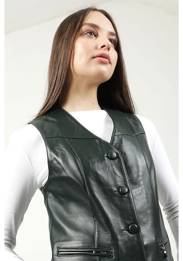 Dericlub Dc-001 Hakiki Deri Kadın Yelek Yeşil
