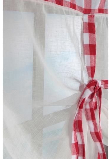 Naturel Potlu Ekose Tül Perde Retro Kırmızı