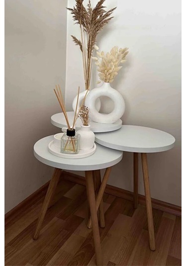3'lü Zigon Sehpa Seti Saksılık Ve Çiçeklik Standı, Dekoratif Yan Sehpa Ahşap Ayaklı 33 Cm Çap - Beyaz Beyaz