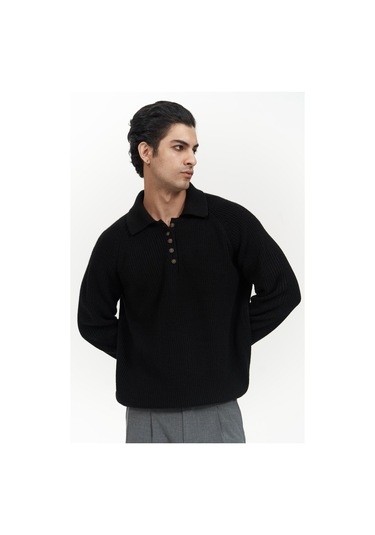 Vander Düğme Detay Siyah Erkek Triko Kazak Siyah