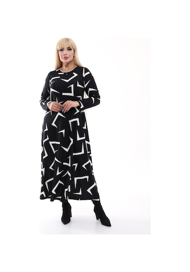Kadın Büyük Beden Yumuşak Dokulu Siyah Geometrik Desen Elbise Siyah - Beyaz Geometrik