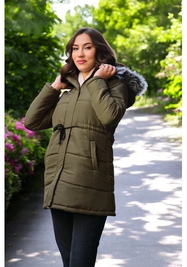 Kışlık Orta Boy Kapüşonlu Kürklü Şişme Kadın Mont Haki