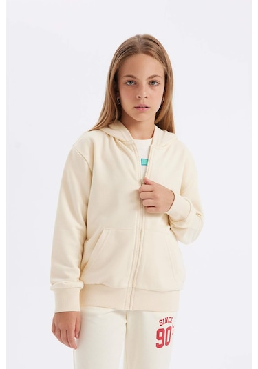 DeFacto Kız Çocuk Basic Düz Kapüşonlu Fermuarlı Cepli Okul Hırkası C8110A824AUER134 Ekru