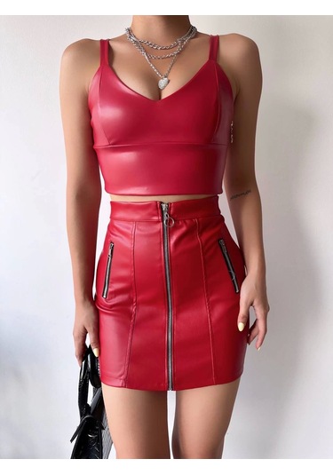 Üç Fermuarlı Deri Etek Bordo S24510 Bordo