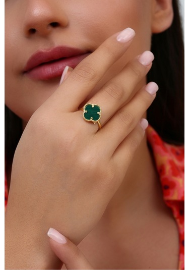 14k Altın Kaplamalı 925 Ayar Gümüş Granada Saray Yoncası Yüzük - Yeşil 34025200 Altın