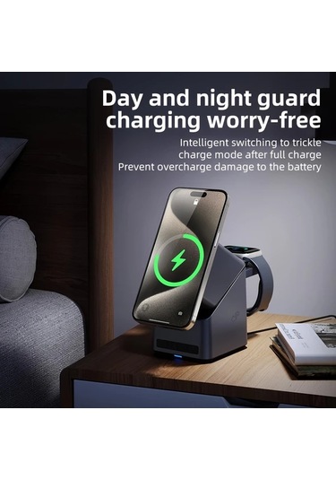 Topshop1 Gri 4ü 1 Arada Otomatik Donen Kablosuz Sarj Istasyonu Led Ekranli Masaustu Alarm Saati İphone 16 15 14 13 12 Serisi İwatch Uyumlu