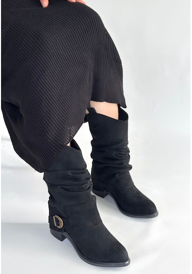 Canty Siyah Süet Körüklü Topuklu Çizme Siyah