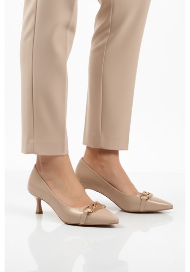 Bej Rugan İnce Kısa Kadın Topuklu Ayakkabı 695029 Z Bej Rugan