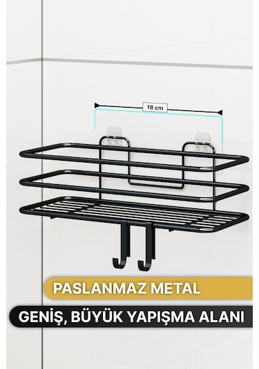 Banyo Düzenleyici Şampuanlık Sabunluk 1 Adet Lüks Metal Yapışkanlı 2 Askılı Duş Rafı Organizer Siyah