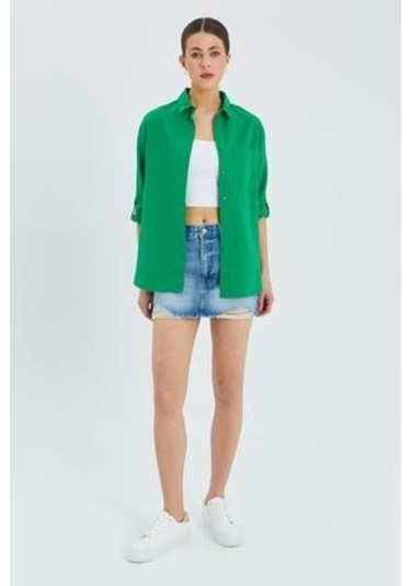 9942 Kadın Oxford Uzun Kol Basic Gömlek Yeşil Yeşil